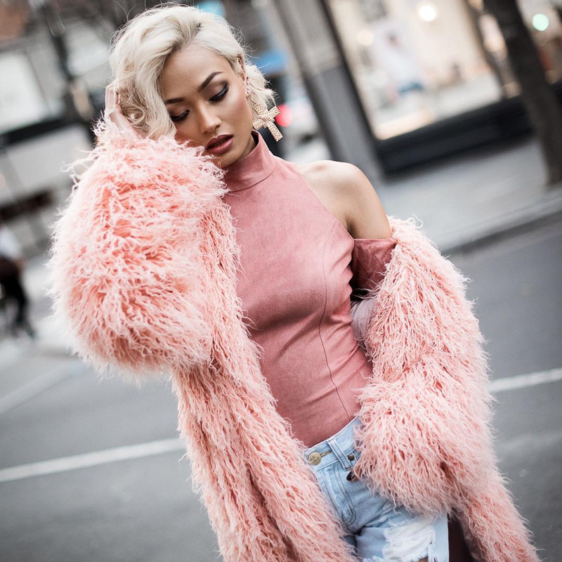 Womens Warm Long Sleeve Pink Faux Fur Coat Long Fluffy Coat